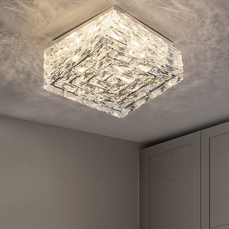 Modern Luxury Stainless Steel Crystal Square LED Semi-Flush Mount Ceiling Light For Living Room