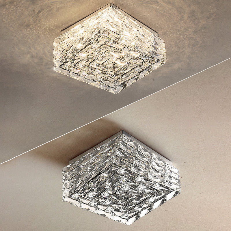 Modern Luxury Stainless Steel Crystal Square LED Semi-Flush Mount Ceiling Light For Living Room