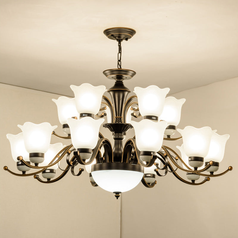 Contemporary Retro Iron Glass Floral Column 3/6/8/10/15 Light Chandeliers For Living Room