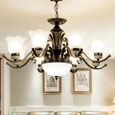 Contemporary Retro Iron Glass Floral Column 3/6/8/10/15 Light Chandeliers For Living Room