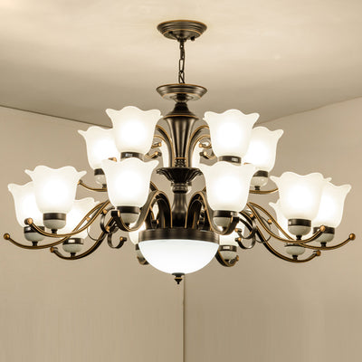 Contemporary Retro Iron Glass Floral Column 3/6/8/10/15 Light Chandeliers For Living Room