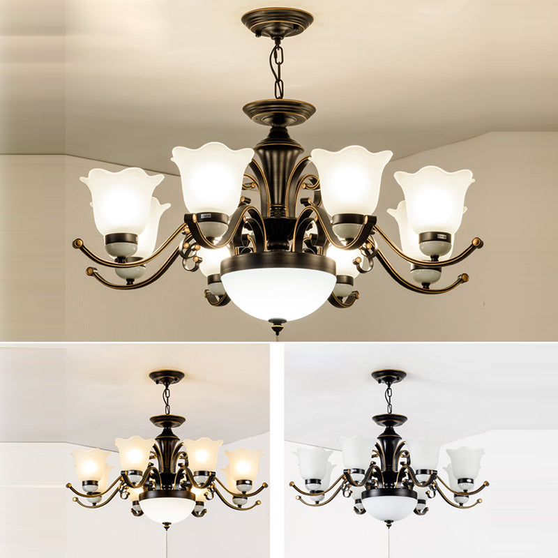 Contemporary Retro Iron Glass Floral Column 3/6/8/10/15 Light Chandeliers For Living Room