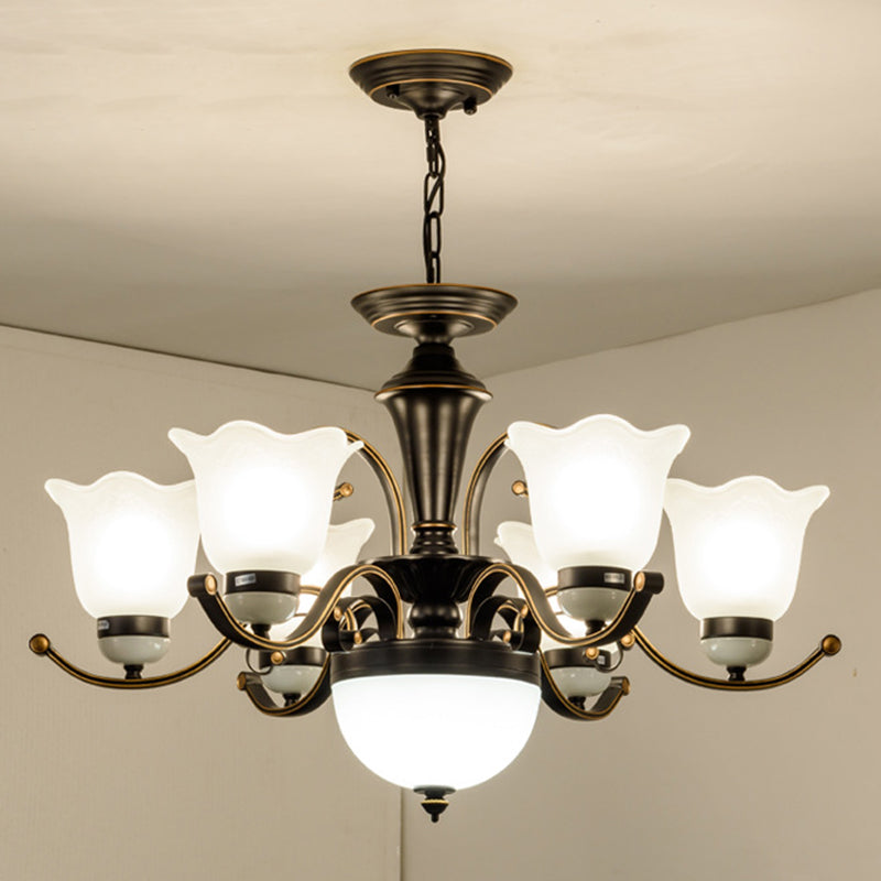 Contemporary Retro Iron Glass Floral Column 3/6/8/10/15 Light Chandeliers For Living Room