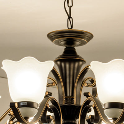 Contemporary Retro Iron Glass Floral Column 3/6/8/10/15 Light Chandeliers For Living Room