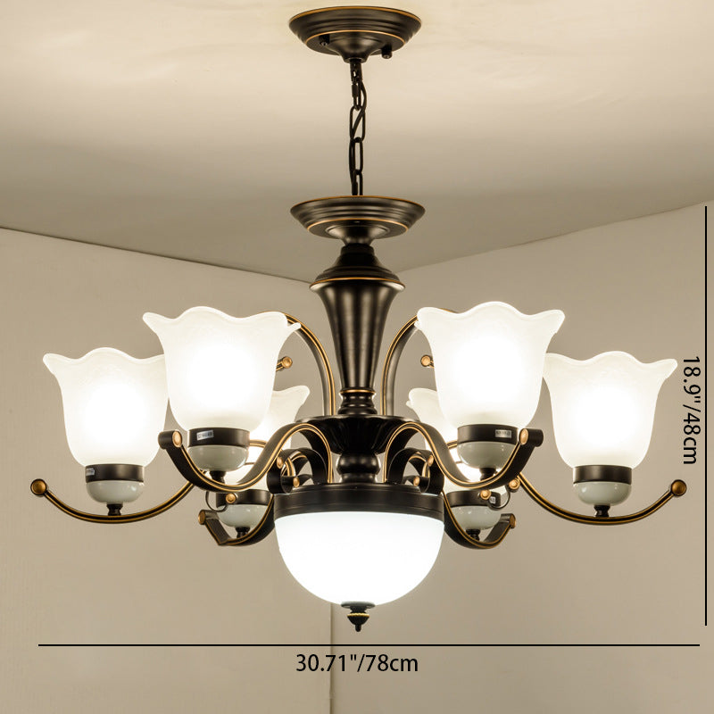 Contemporary Retro Iron Glass Floral Column 3/6/8/10/15 Light Chandeliers For Living Room