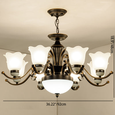 Contemporary Retro Iron Glass Floral Column 3/6/8/10/15 Light Chandeliers For Living Room