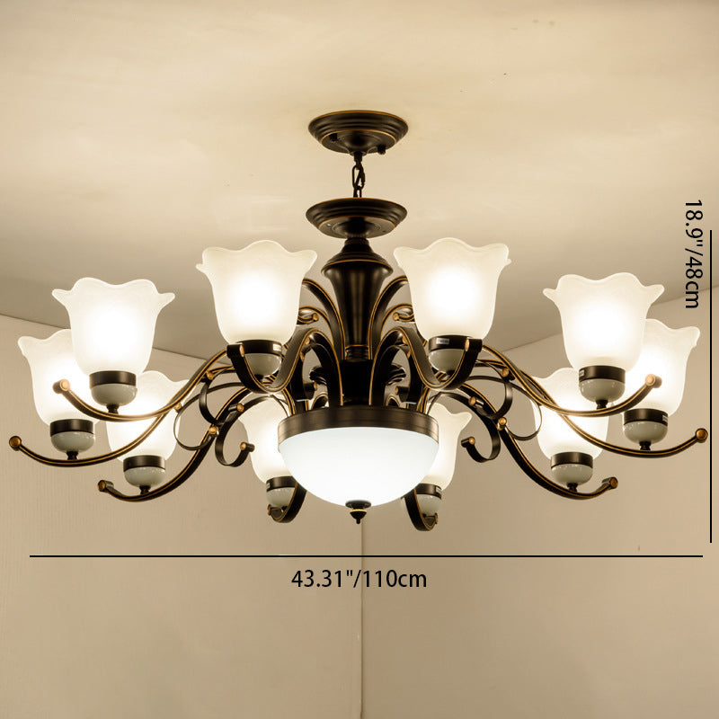 Contemporary Retro Iron Glass Floral Column 3/6/8/10/15 Light Chandeliers For Living Room