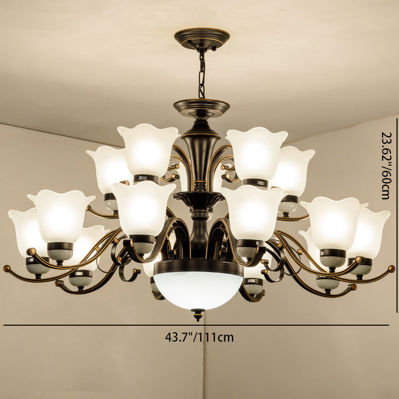 Contemporary Retro Iron Glass Floral Column 3/6/8/10/15 Light Chandeliers For Living Room