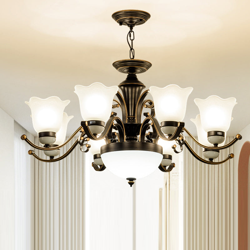 Contemporary Retro Iron Glass Floral Column 3/6/8/10/15 Light Chandeliers For Living Room