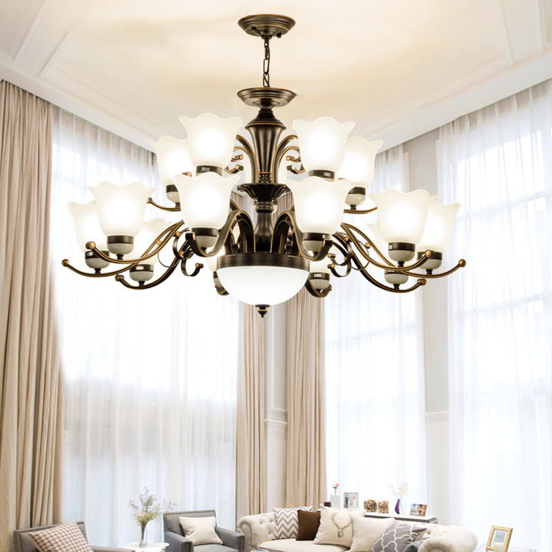 Contemporary Retro Iron Glass Floral Column 3/6/8/10/15 Light Chandeliers For Living Room