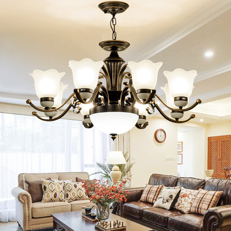 Contemporary Retro Iron Glass Floral Column 3/6/8/10/15 Light Chandeliers For Living Room