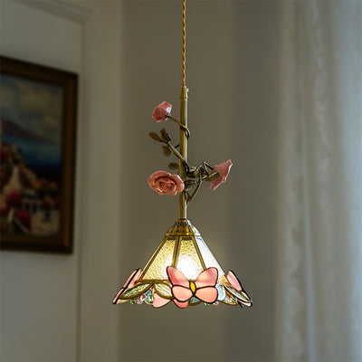 Contemporary Retro Brass Glass Ceramic Flower Dome 1-Light Pendant Light For Dining Room