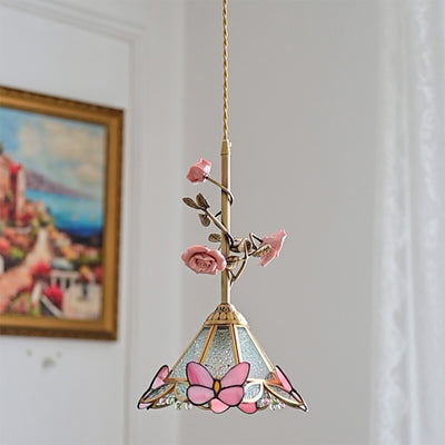 Contemporary Retro Brass Glass Ceramic Flower Dome 1-Light Pendant Light For Dining Room