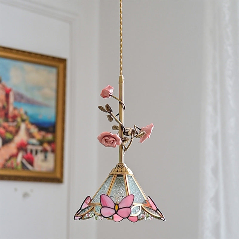 Contemporary Retro Brass Glass Ceramic Flower Dome 1-Light Pendant Light For Dining Room