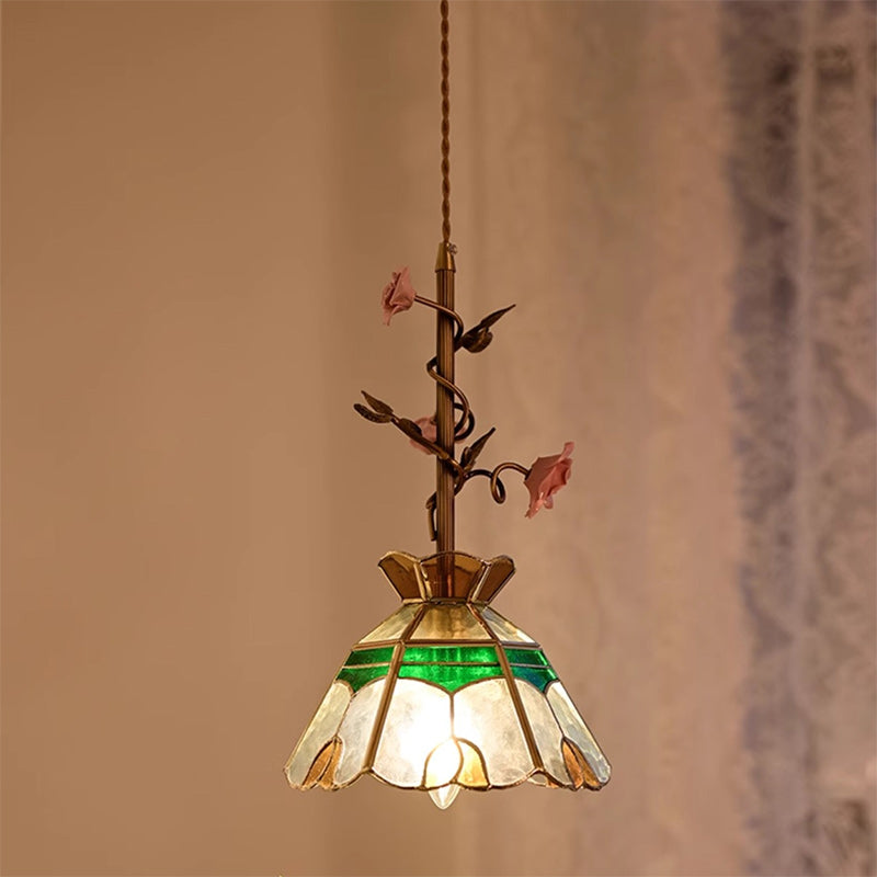 Contemporary Retro Brass Glass Ceramic Flower Dome 1-Light Pendant Light For Dining Room