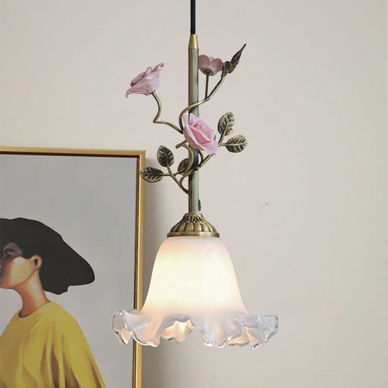 Contemporary Retro Brass Glass Ceramic Flower Dome 1-Light Pendant Light For Dining Room