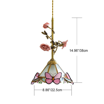 Contemporary Retro Brass Glass Ceramic Flower Dome 1-Light Pendant Light For Dining Room