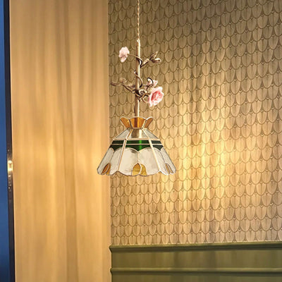 Contemporary Retro Brass Glass Ceramic Flower Dome 1-Light Pendant Light For Dining Room