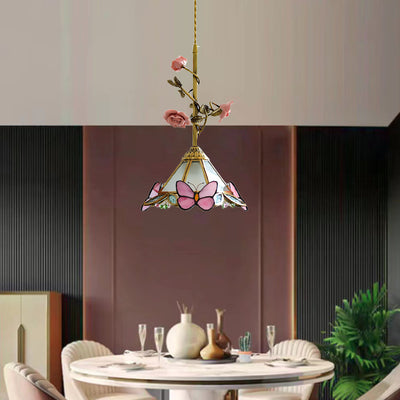 Contemporary Retro Brass Glass Ceramic Flower Dome 1-Light Pendant Light For Dining Room