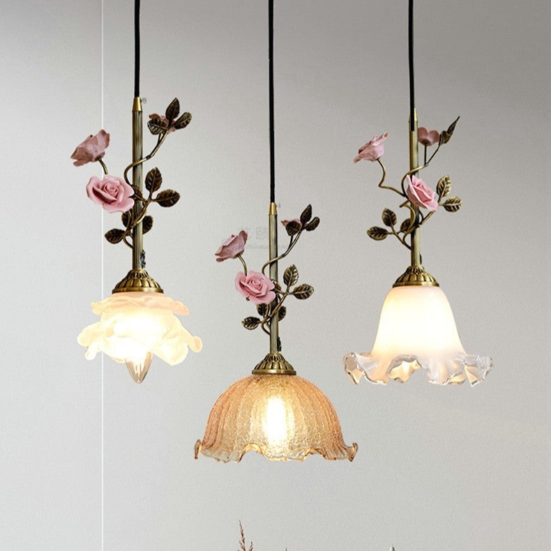 Contemporary Retro Brass Glass Ceramic Flower Dome 1-Light Pendant Light For Dining Room