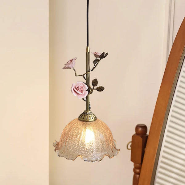 Contemporary Retro Brass Glass Ceramic Flower Dome 1-Light Pendant Light For Dining Room