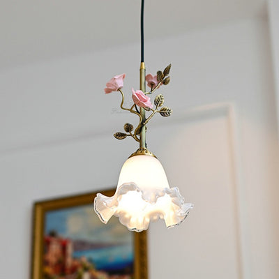 Contemporary Retro Brass Glass Ceramic Flower Dome 1-Light Pendant Light For Dining Room