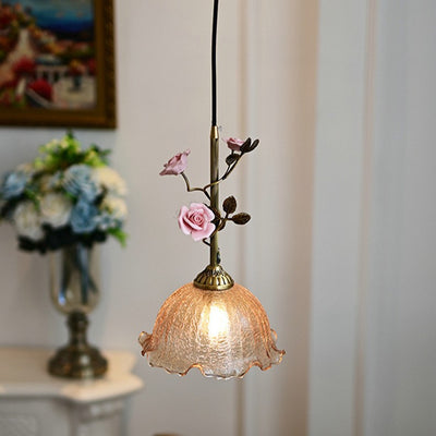 Contemporary Retro Brass Glass Ceramic Flower Dome 1-Light Pendant Light For Dining Room