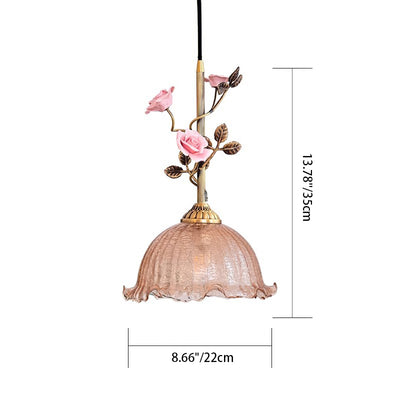 Contemporary Retro Brass Glass Ceramic Flower Dome 1-Light Pendant Light For Dining Room