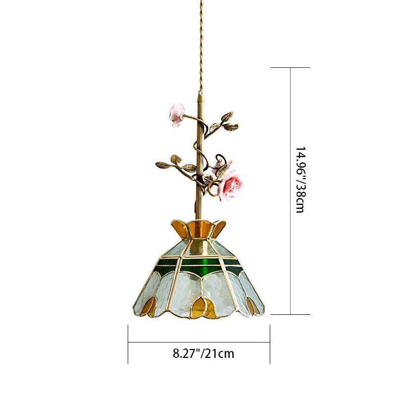 Contemporary Retro Brass Glass Ceramic Flower Dome 1-Light Pendant Light For Dining Room