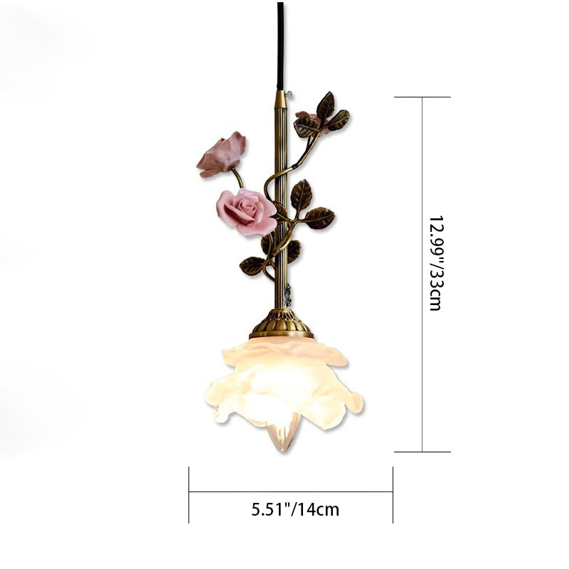 Contemporary Retro Brass Glass Ceramic Flower Dome 1-Light Pendant Light For Dining Room