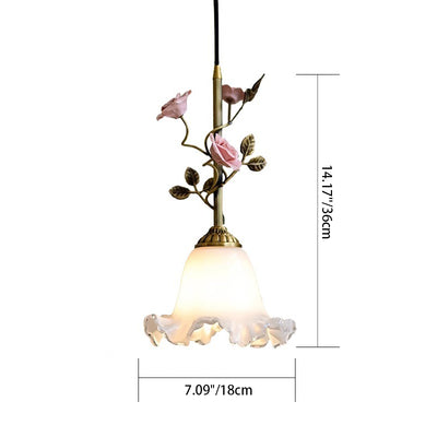 Contemporary Retro Brass Glass Ceramic Flower Dome 1-Light Pendant Light For Dining Room