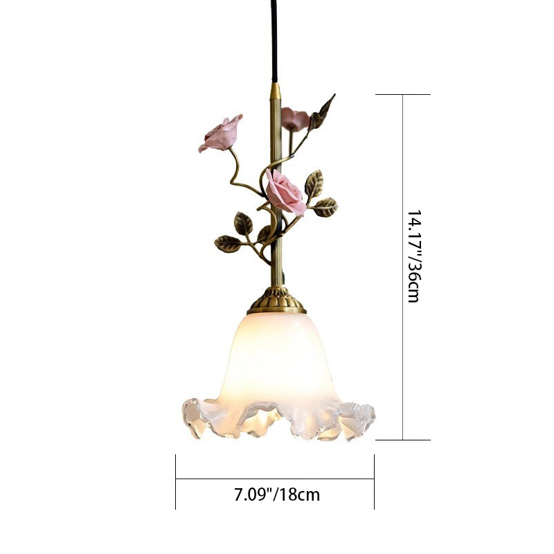 Contemporary Retro Brass Glass Ceramic Flower Dome 1-Light Pendant Light For Dining Room