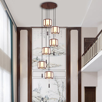 Traditional Chinese Oak Zinc Alloy Acrylic Cylinder Pattern 1/3/6 Light Pendant Light For Dining Room