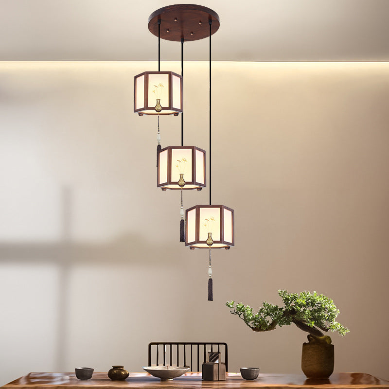 Traditional Chinese Oak Zinc Alloy Acrylic Cylinder Pattern 1/3/6 Light Pendant Light For Dining Room