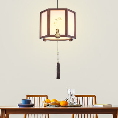 Traditional Chinese Oak Zinc Alloy Acrylic Cylinder Pattern 1/3/6 Light Pendant Light For Dining Room