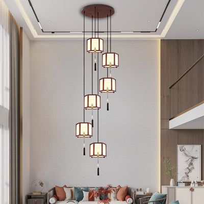 Traditional Chinese Oak Zinc Alloy Acrylic Cylinder Pattern 1/3/6 Light Pendant Light For Dining Room