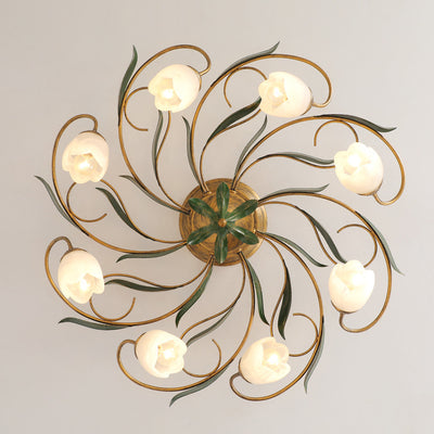 Traditional Farmhouse Iron Glass Floral Leaf 6/8/10 Light Semi-Flush Mount Ceiling Light For Living Room