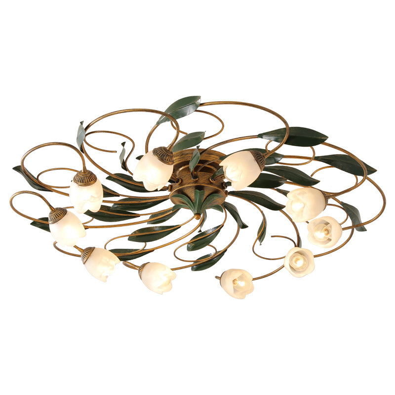 Traditional Farmhouse Iron Glass Floral Leaf 6/8/10 Light Semi-Flush Mount Ceiling Light For Living Room