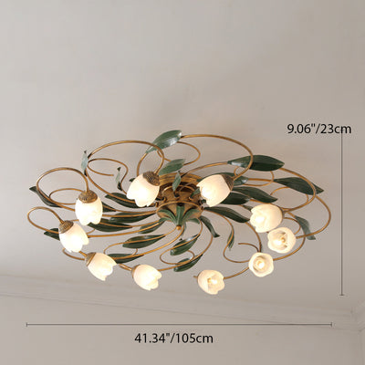 Traditional Farmhouse Iron Glass Floral Leaf 6/8/10 Light Semi-Flush Mount Ceiling Light For Living Room