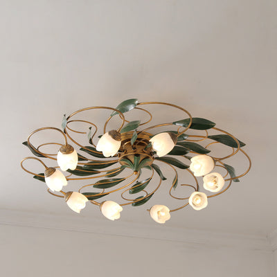 Traditional Farmhouse Iron Glass Floral Leaf 6/8/10 Light Semi-Flush Mount Ceiling Light For Living Room