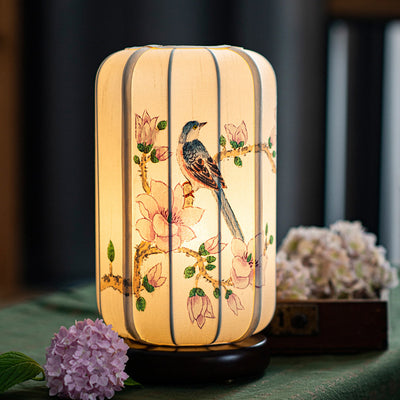 Traditional Chinese Begonia Wood Silk Cylinder Hand-painted Flower Bird 1-Light Table Lamp For Bedside