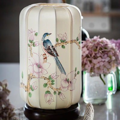 Traditional Chinese Begonia Wood Silk Cylinder Hand-painted Flower Bird 1-Light Table Lamp For Bedside