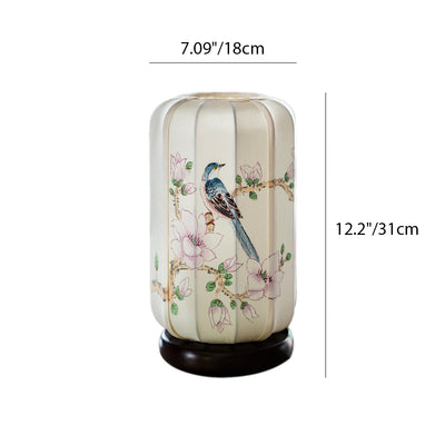 Traditional Chinese Begonia Wood Silk Cylinder Hand-painted Flower Bird 1-Light Table Lamp For Bedside