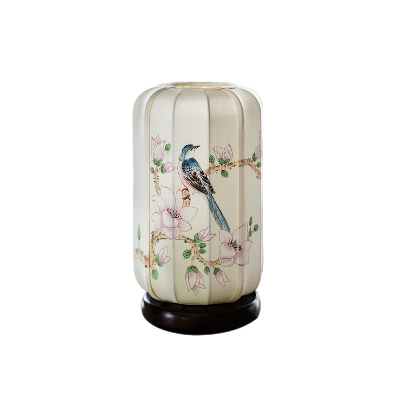 Traditional Chinese Begonia Wood Silk Cylinder Hand-painted Flower Bird 1-Light Table Lamp For Bedside