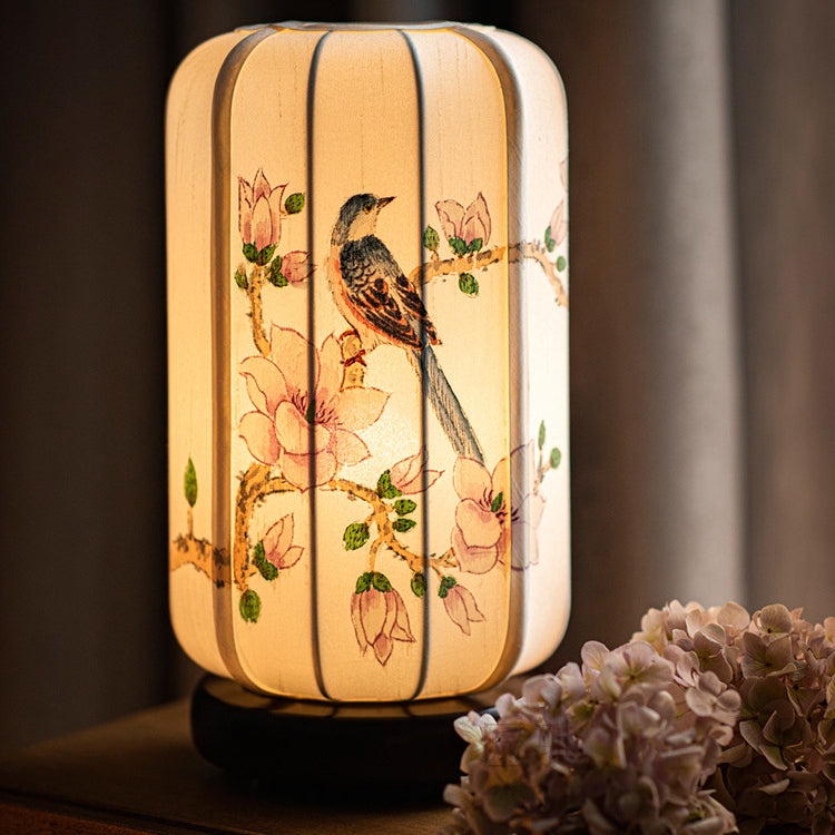 Traditional Chinese Begonia Wood Silk Cylinder Hand-painted Flower Bird 1-Light Table Lamp For Bedside