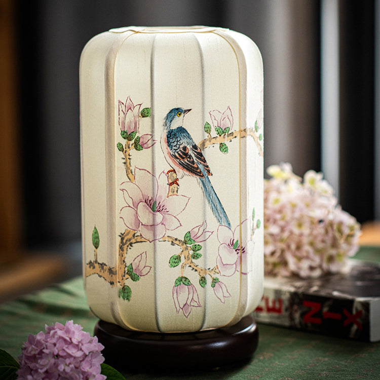 Traditional Chinese Begonia Wood Silk Cylinder Hand-painted Flower Bird 1-Light Table Lamp For Bedside