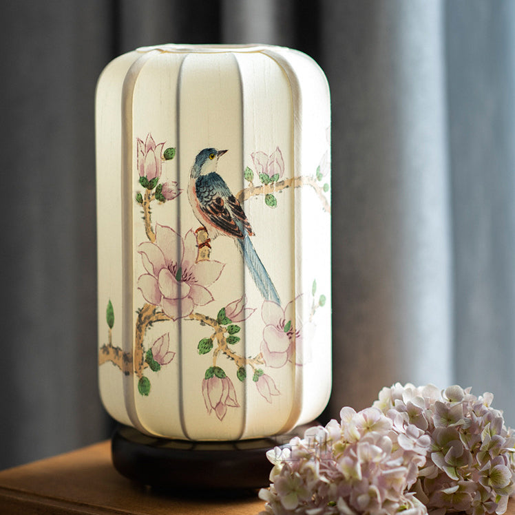 Traditional Chinese Begonia Wood Silk Cylinder Hand-painted Flower Bird 1-Light Table Lamp For Bedside