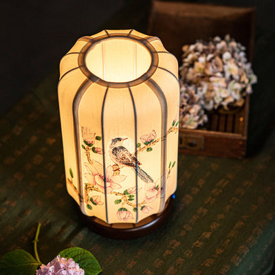 Traditional Chinese Begonia Wood Silk Cylinder Hand-painted Flower Bird 1-Light Table Lamp For Bedside