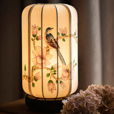 Traditional Chinese Begonia Wood Silk Cylinder Hand-painted Flower Bird 1-Light Table Lamp For Bedside