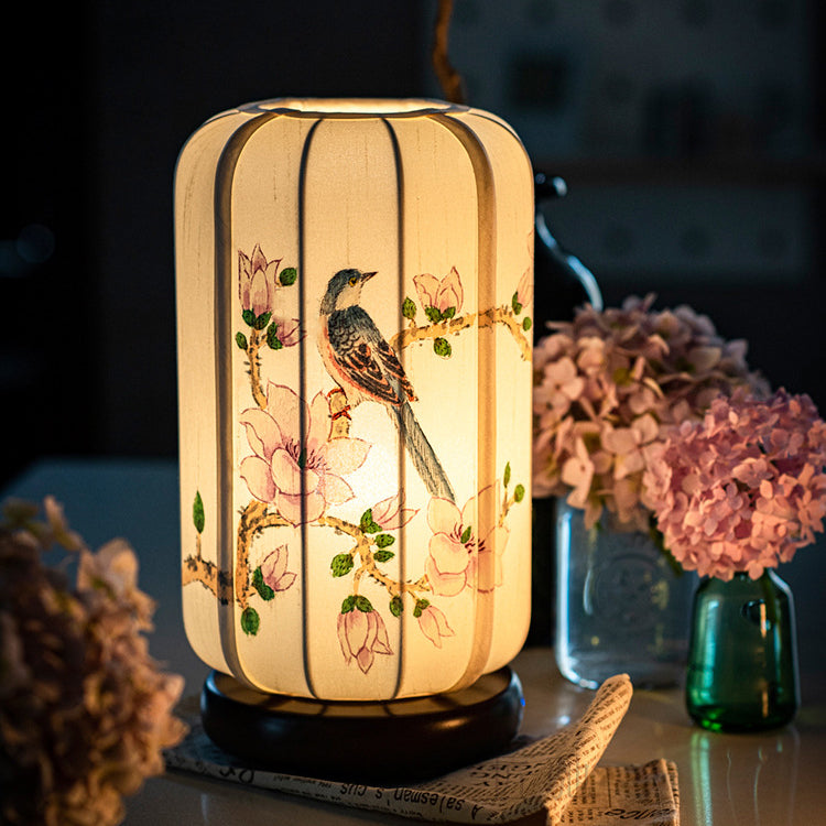 Traditional Chinese Begonia Wood Silk Cylinder Hand-painted Flower Bird 1-Light Table Lamp For Bedside